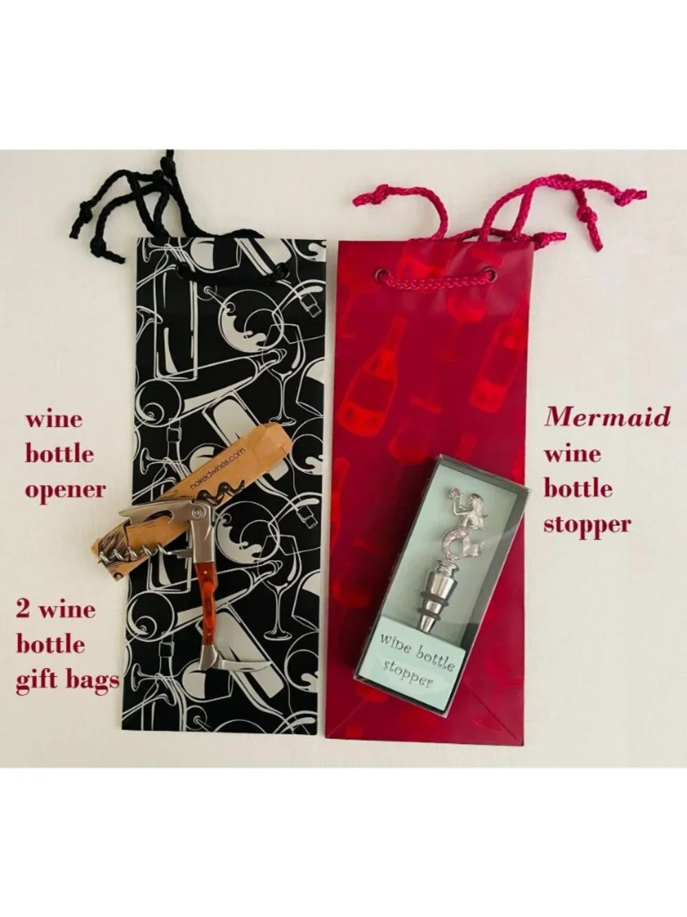 Wine Lover Gift Set Mermaid Wine Stopper Corkscrew 2 Gift Bags New Hostess